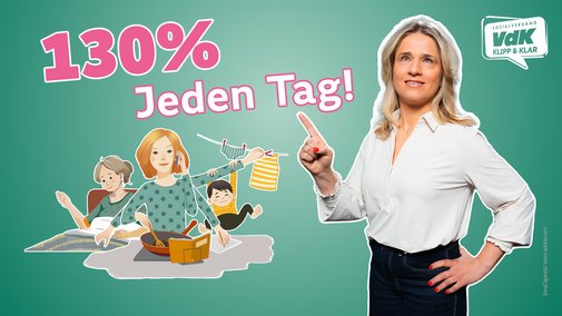 Mutter mit Kindern, Kochtopf, ertrinkt nahezu im Stress. Dazu Verena Bentele, die darauf hinweist, dass Frauen nicht Lifestyle-Teilzeit genießen, sondern jeden Tag mehr als 100 Prozent geben.